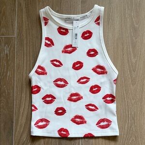 Alice + Olivia White Tank with Red Lip Print